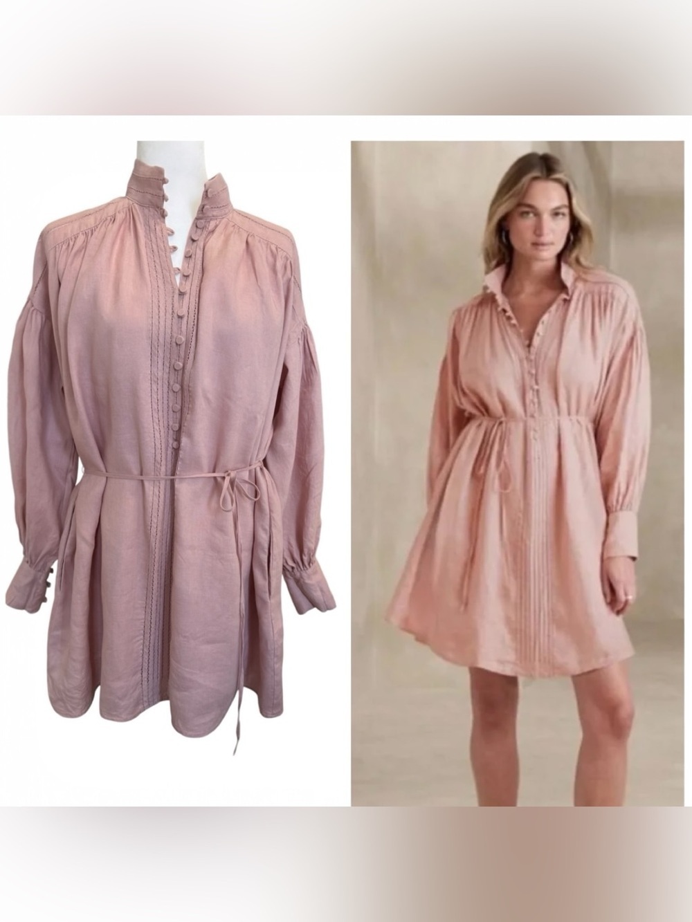 Banana Republic XS European Flax Linen Mini Dress Blush Pink Balloon Sleeve